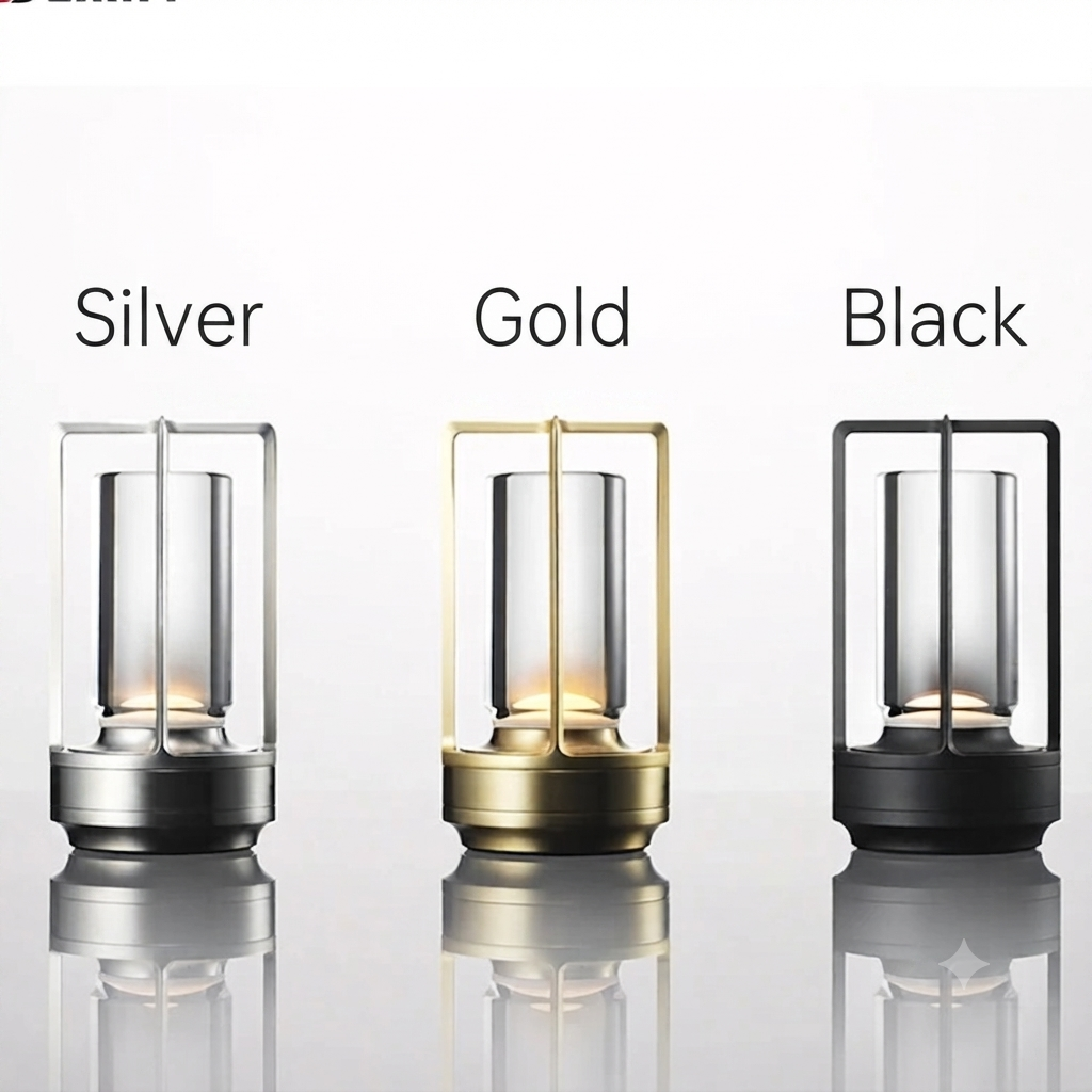 Three lantern-style table lamps shown side by side on a light gray reflective surface, labeled Silver, Gold, and Black above each variant. The lamps have clear glass bodies with metal frames and bases in silver, gold, and black.