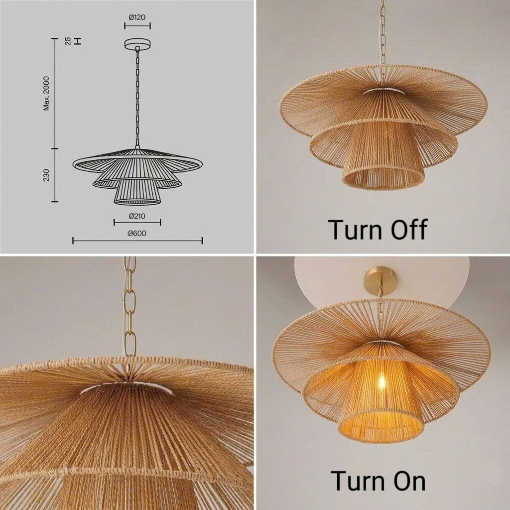Sophisticated hand-woven hemp ceiling light enhancing the atmosphere of a modern dining room area.