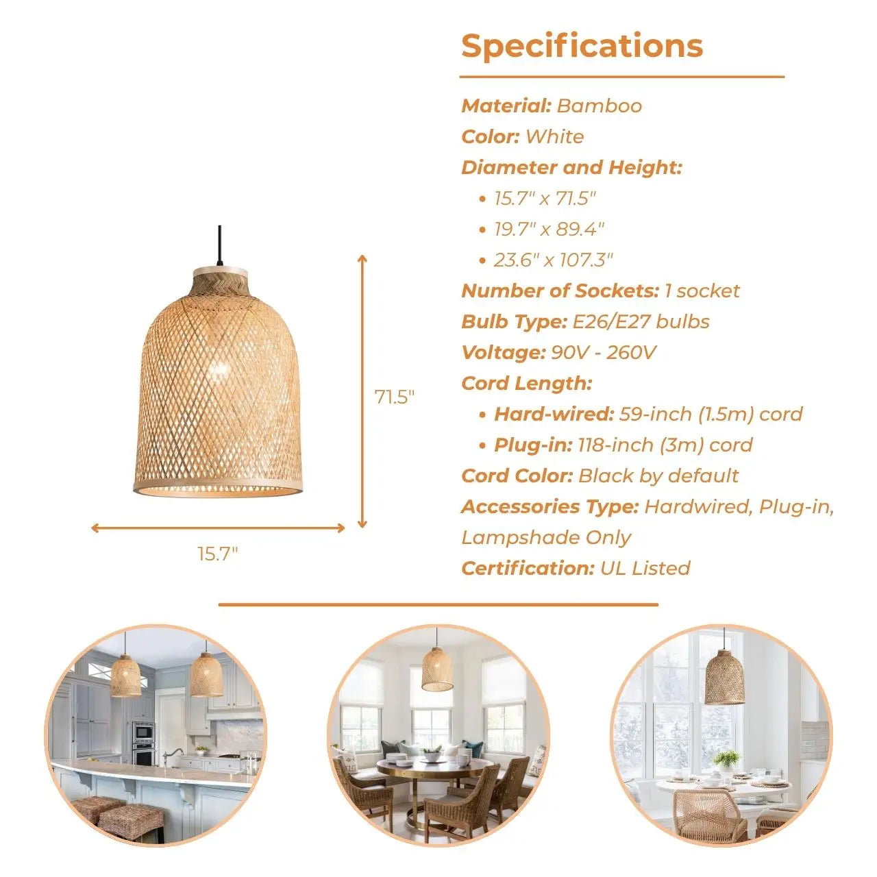 A close-up view of a handwoven natural bamboo pendant light