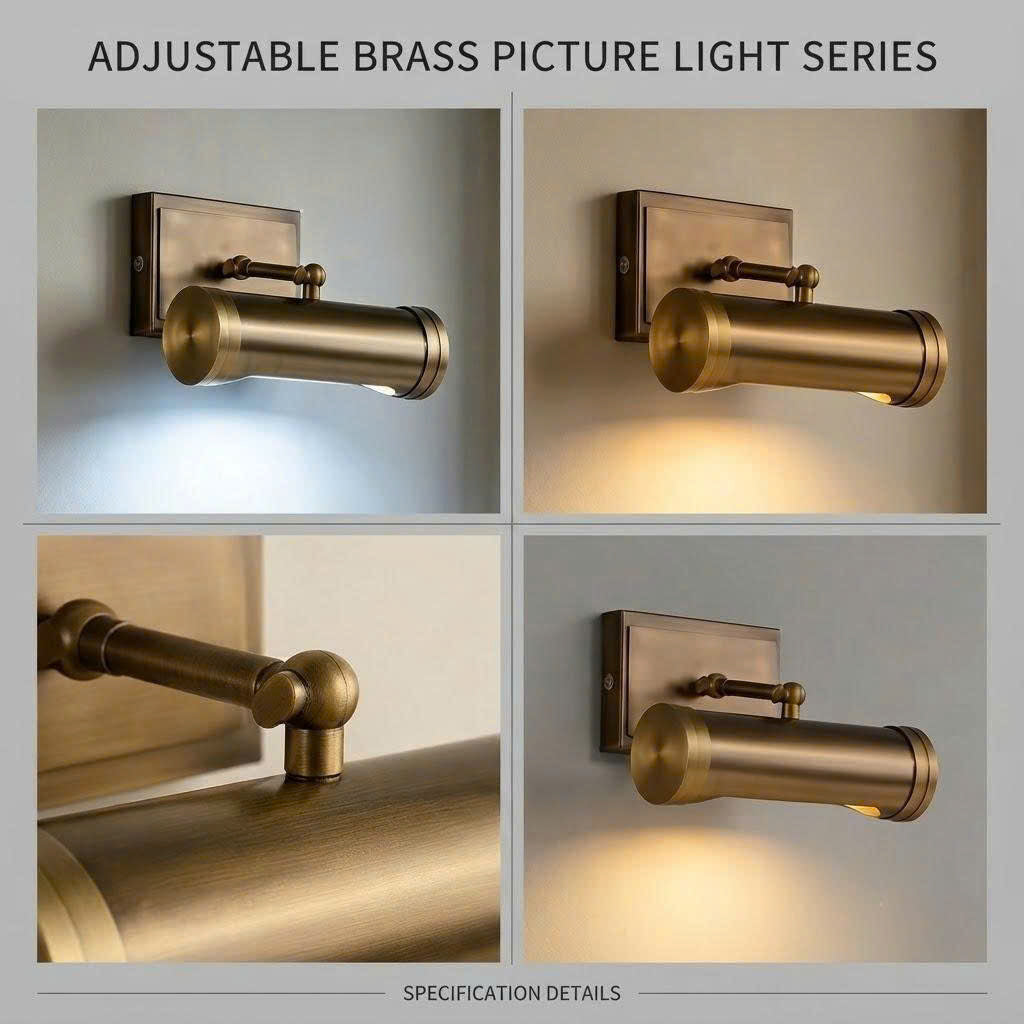 Four-panel product collage showing an adjustable brass picture light mounted on a wall, with one panel lit cool white and two others lit warm yellow, plus text reading 'ADJUSTABLE BRASS PICTURE LIGHT SERIES' and 'SPECIFICATION DETAILS'.