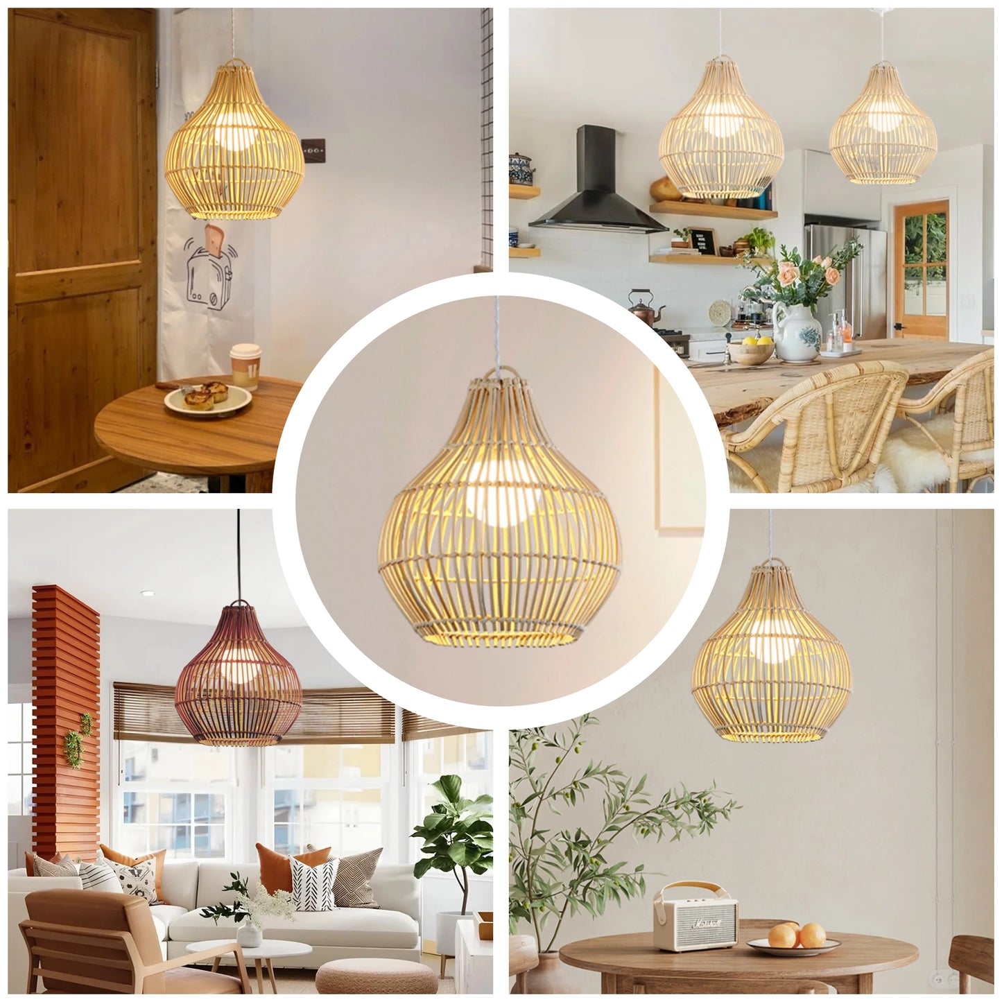 Scandinavian style wicker pendant lamp in natural rattan finish