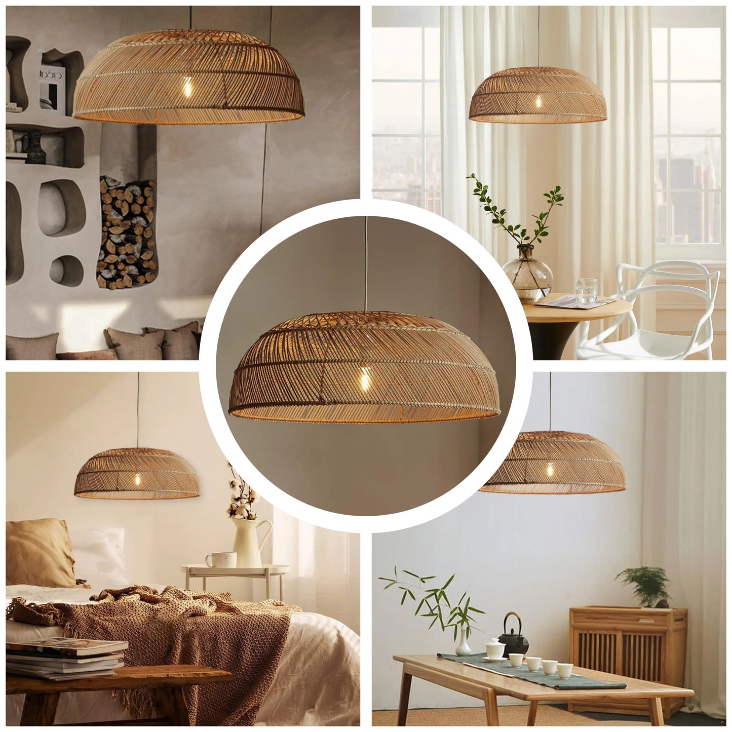 Sophisticated rattan dome chandelier creating a luxurious lounge atmosphere