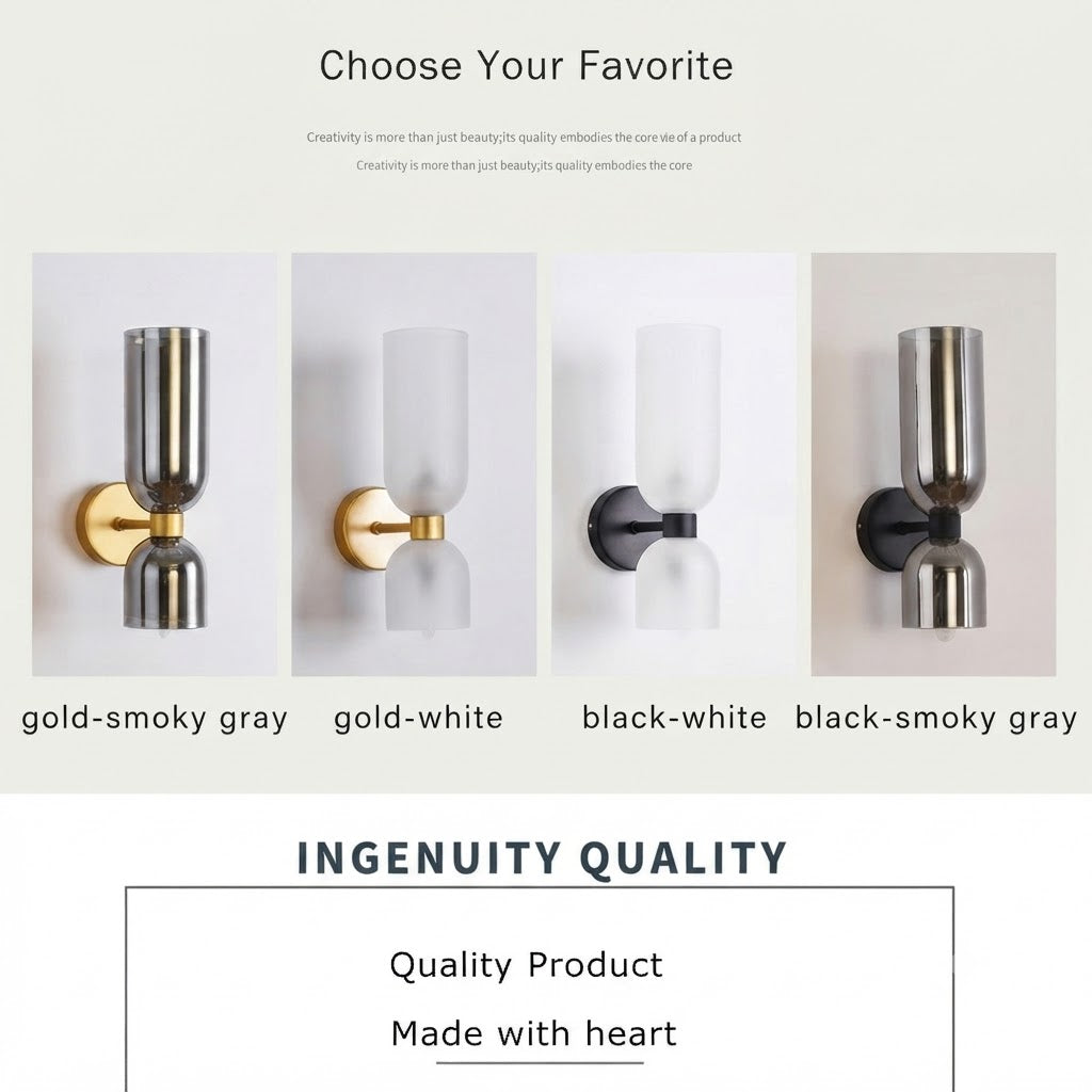 A promotional graphic showing four wall sconces side by side with labels: gold-smoky gray, gold-white, black-white, and black-smoky gray. Text at the top reads 'Choose Your Favorite' and text at the bottom reads 'INGENUITY QUALITY' with 'Quality Product' and 'Made with heart'.