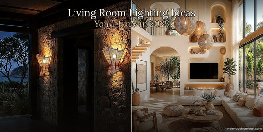 Living Room Lighting Ideas, Kitchen Island Lighting Ideas, Wall Lamp, Floor Lamp, Picture Lighting, Bamboo Basket Lamp, Handwoven Lighting.