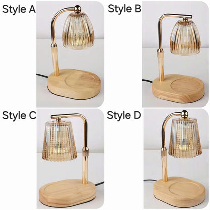 Four style options of a modern table lamp shown in a 2x2 grid. The lamp features a light natural wood oval base, a curved gold metal arm, and a ribbed clear glass shade.