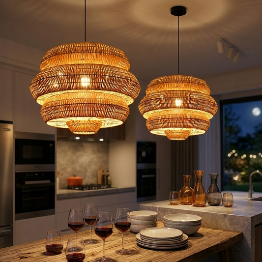 Side-by-side comparison of a 3-tier layered rattan pendant light in turn-off and turn-on modes, highlighting the bubble-shaped woven layers.