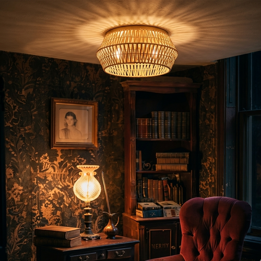 A Quiet Luxury sophisticated, hand-woven rattan ceiling light enhancing the elegant and professional ambiance of a luxury home office workspace.