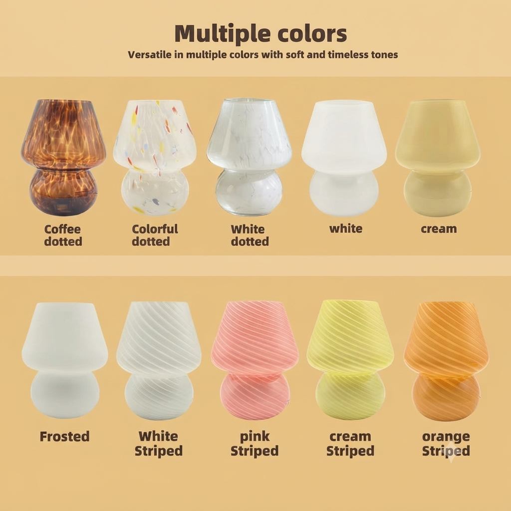 A color-options chart showing eight small mushroom-shaped lamp shades in different finishes and colors, including coffee dotted, colorful dotted, white dotted, white, cream, frosted, white striped, pink striped, cream striped, and orange striped, with text reading 'Multiple colors' and descriptive labels below each shade.