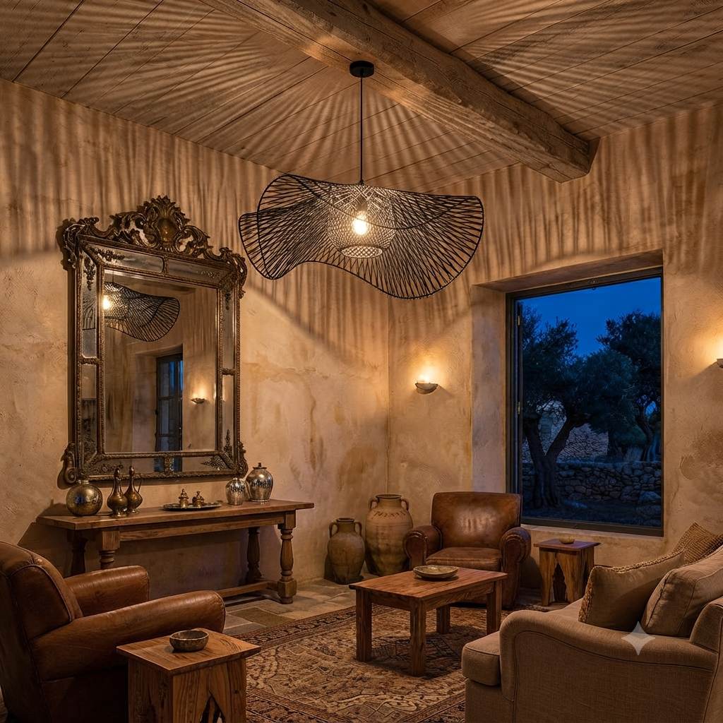artistic-black-rattan-pendant-light-in-rustic-living-room