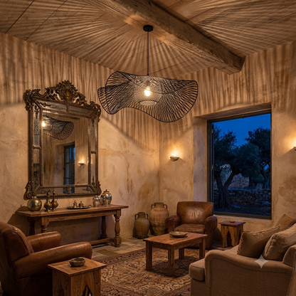artistic-black-rattan-pendant-light-in-rustic-living-room