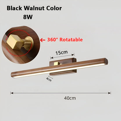 A wall-mounted linear light fixture in a walnut brown finish with a gold-toned rotating knob, shown on a light gray background with dimension labels (40cm length, 15cm width, 4cm depth) and a circular inset highlighting the rotatable knob.