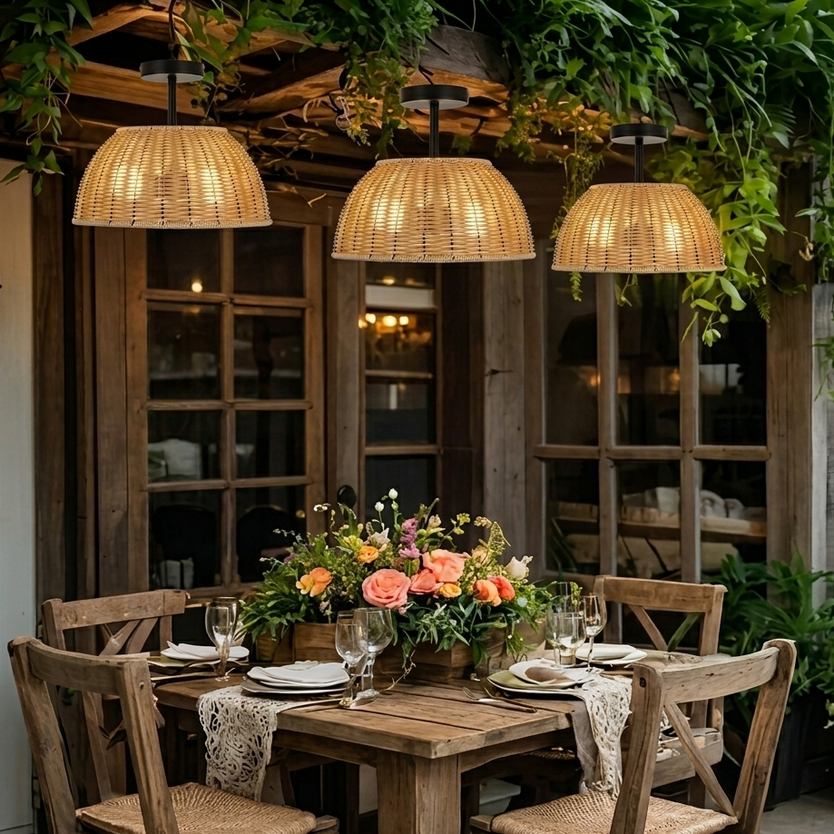 Aesthetic woven ceiling lamp creating a cozy and welcoming dining experience in a restaurant setting.
