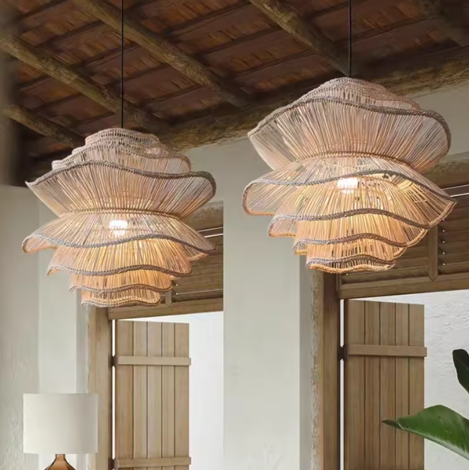 Made Goods Alondra rattan pendant light with a unique layered wavy design against a clean white background