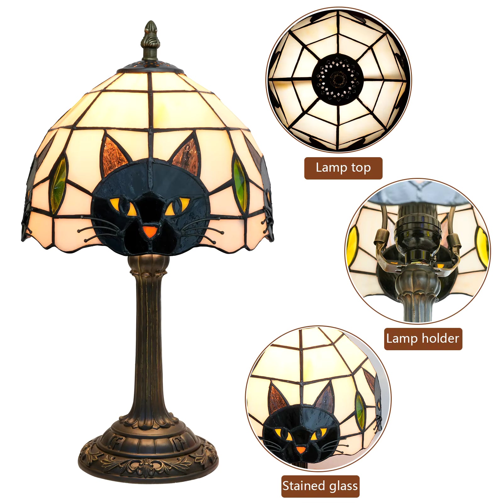 Decorative table lamp with stained glass design featuring a black cat, surrounded by close-up details on a white background.