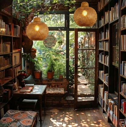 Natural handwoven bamboo hanging lamp, provides warm and cozy ambient lighting for book cafe reading corners and study areas.