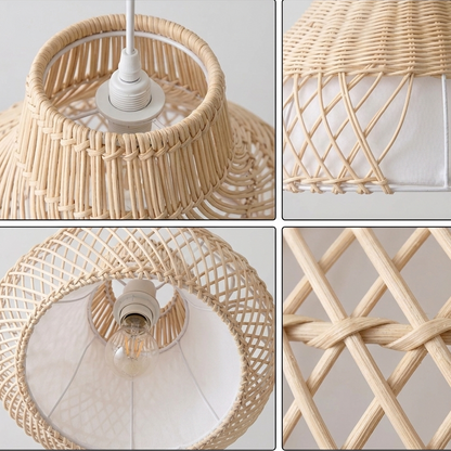 Artisan-crafted bamboo weave ceiling fixture made from sustainable, light-toned organic fibers.