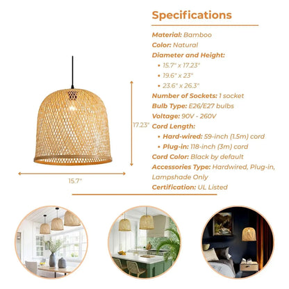 Artisan bamboo wicker hanging light fixture made from eco-friendly natural materials.