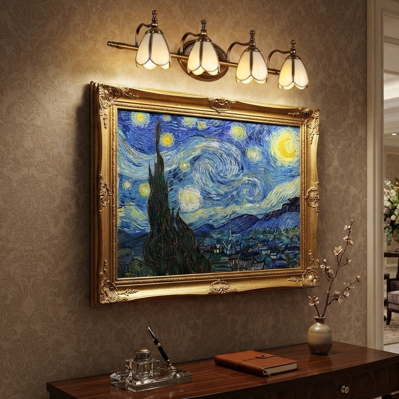 Artisan handcrafted copper flower picture light providing ambient illumination for art gallery walls