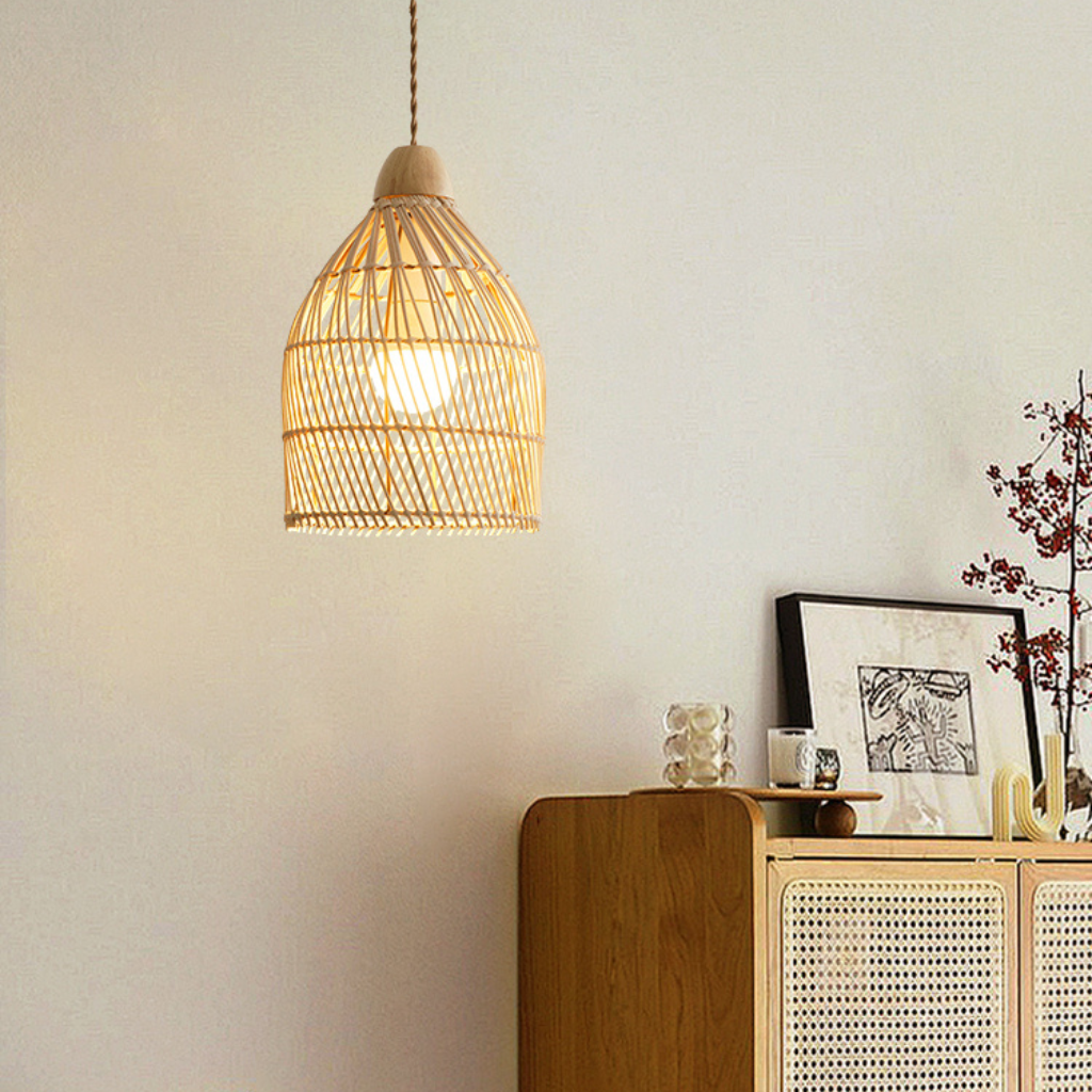 Artisan crafted rattan basket pendant lamp with a beautiful organic texture