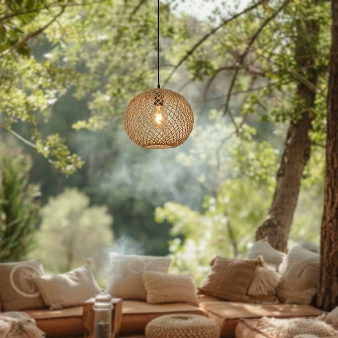 Artisan crafted woven rattan light shade with an intricate rustic weaving pattern