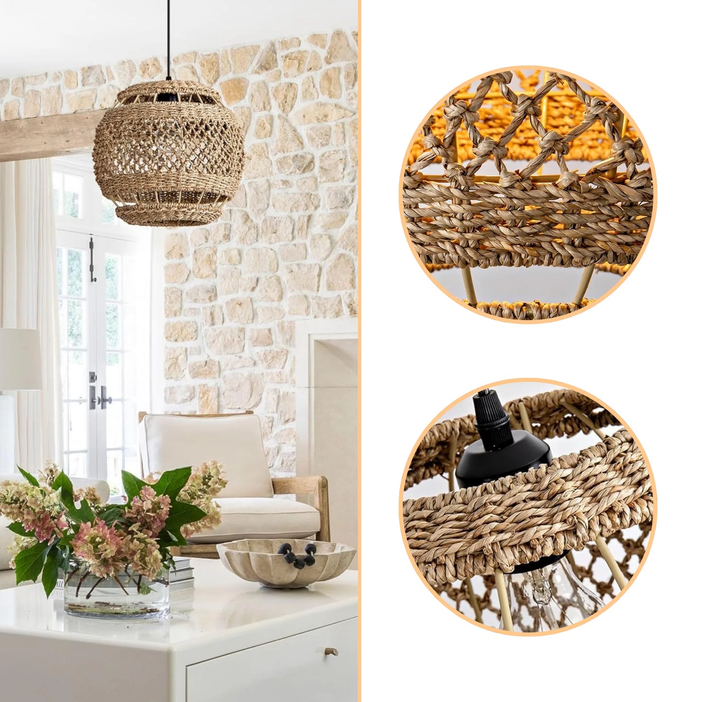 Artisan crafted woven rattan light shade with a detailed rustic weaving pattern