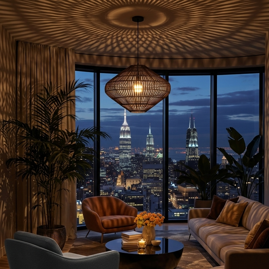Premium handwoven dark rattan hanging lamp, adds sophisticated natural texture to luxury apartments.
