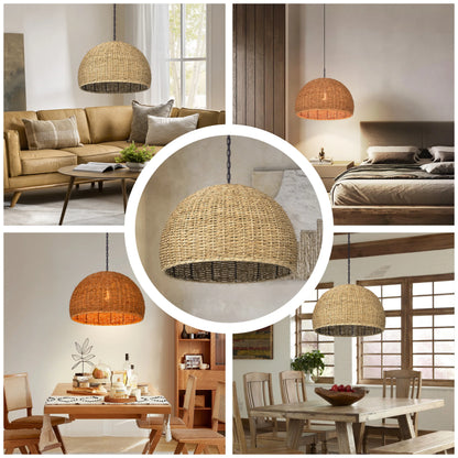 Artisan hand-crafted seagrass basket light fixture with detailed weave pattern
