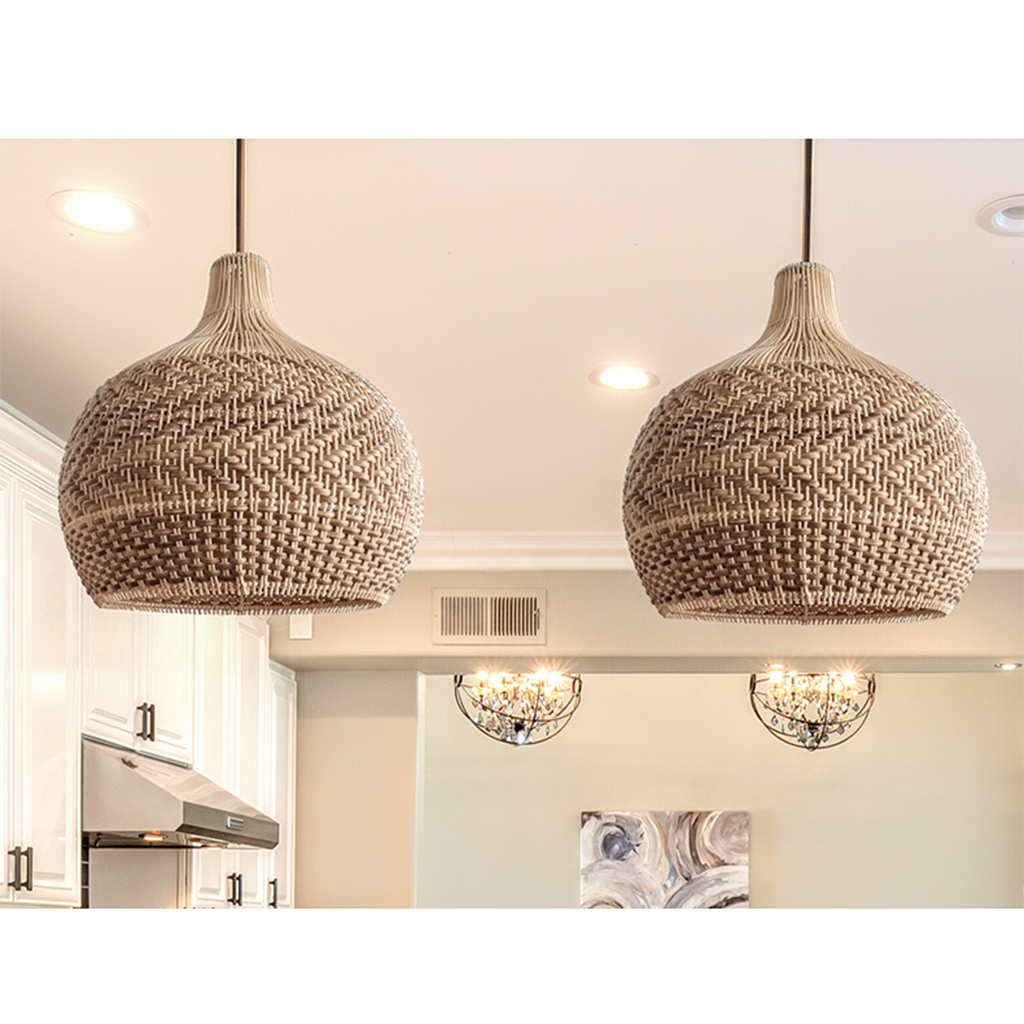 Detailed view of a hand-crafted woven basket light in natural fiber