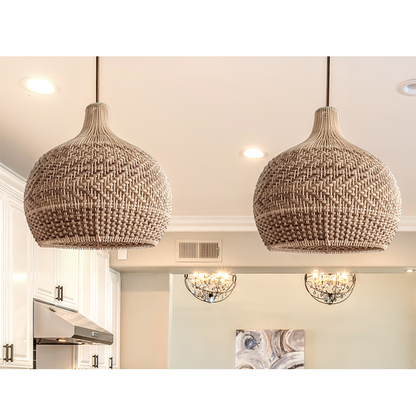 Detailed view of a hand-crafted woven basket light in natural fiber