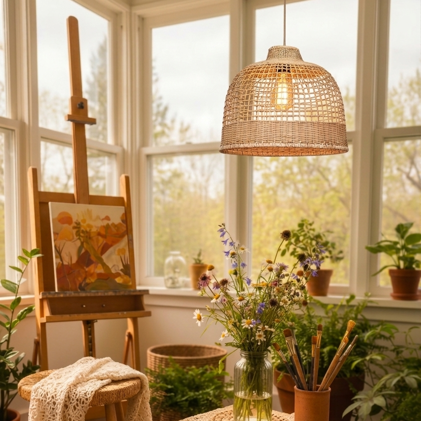 Handwoven rattan pendant light providing soft, natural light for creative art studio spaces