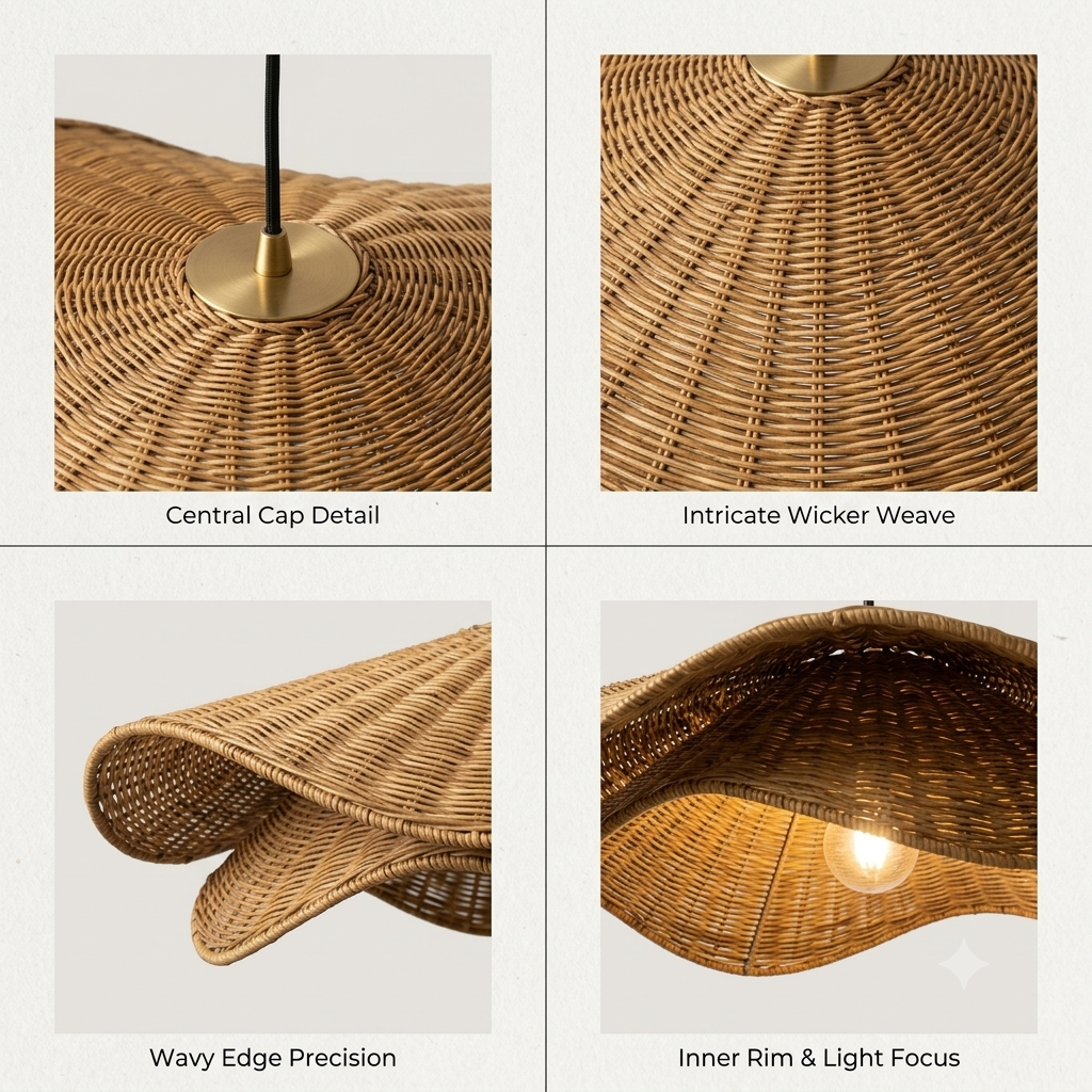 Eco-friendly rattan drop light, meticulously handwoven in a soft wave silhouette for a healthy living space.