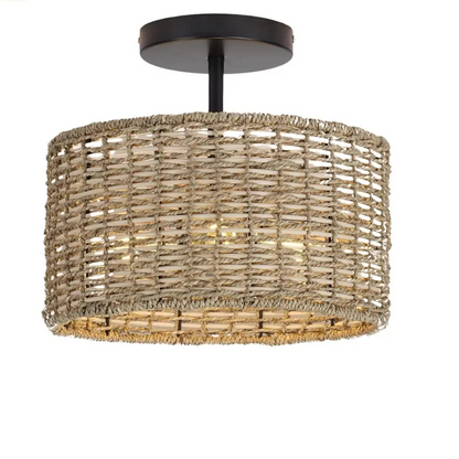 Artisan-made woven rattan semi-flush mount light fixture showcasing skilled natural fiber craftsmanship.