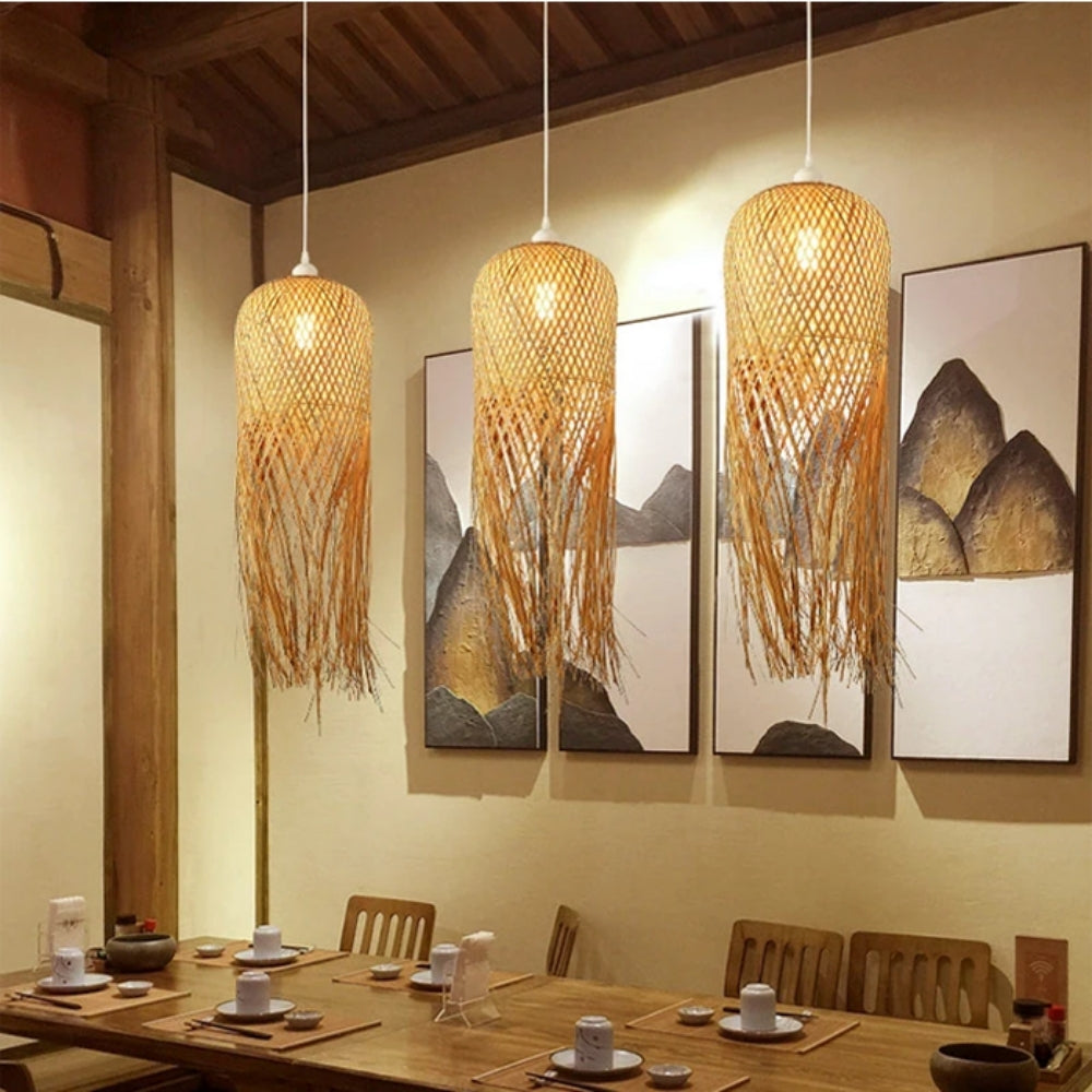 Artisanal bamboo fringe hanging lamp perfect for relaxing fine dining areas