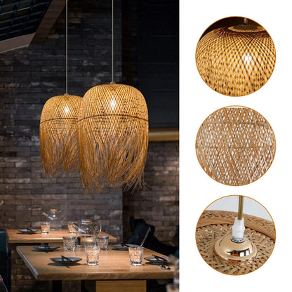 Artisanal bamboo fringed hanging lamp showcasing raw Wabi-Sabi style