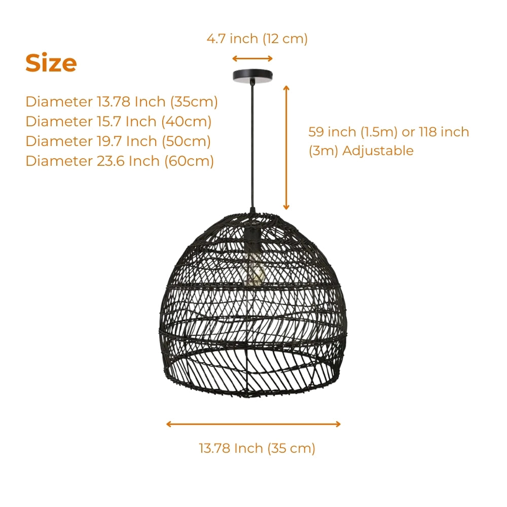 Artisanal dark rattan hanging lamp showcasing raw Wabi-Sabi style