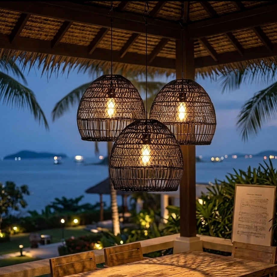 Artisanal dark rattan hanging lamp perfect for artistic beach resort interiors