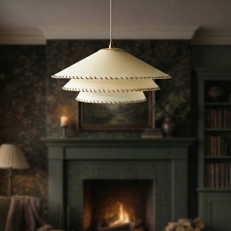 Artisanal tiered pendant light with intricate stitching for modern living room