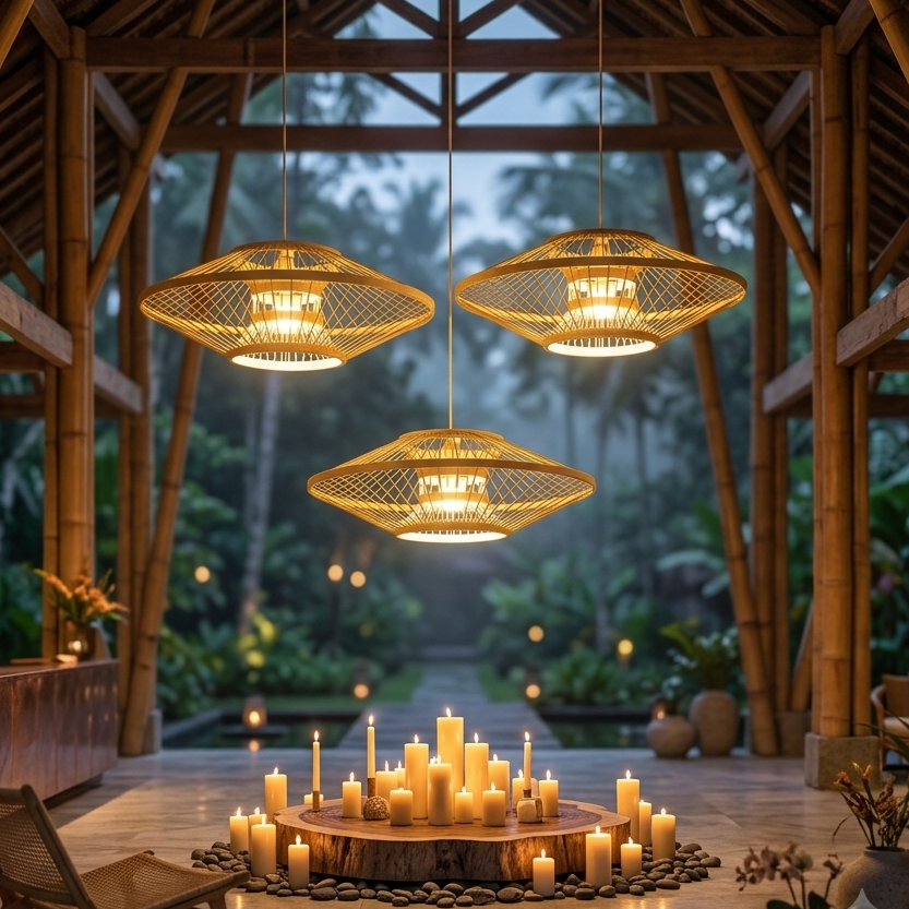 Artistic bamboo pendant light creating a grand impression in a resort lobby
