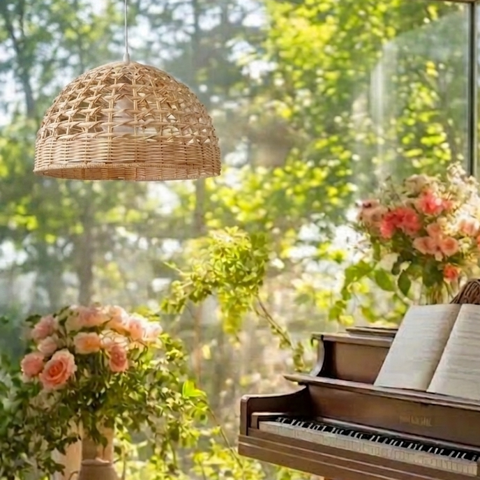 An artistic rattan dome pendant light providing warm, focused illumination over a grand piano, creating an elegant and serene musical atmosphere.