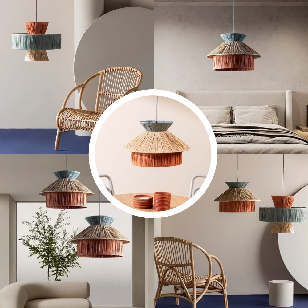 Artistic multicolored woven pendant light as modern Wabi-Sabi home decor