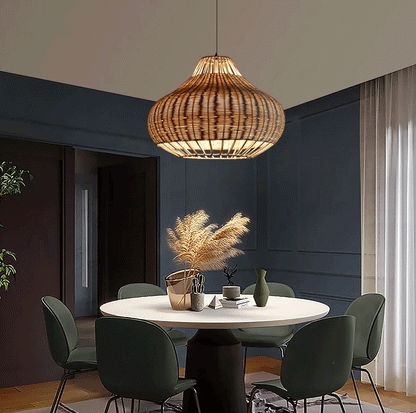 Eco-friendly woven rattan hanging light bringing a touch of nature to a high-end kitchen design
