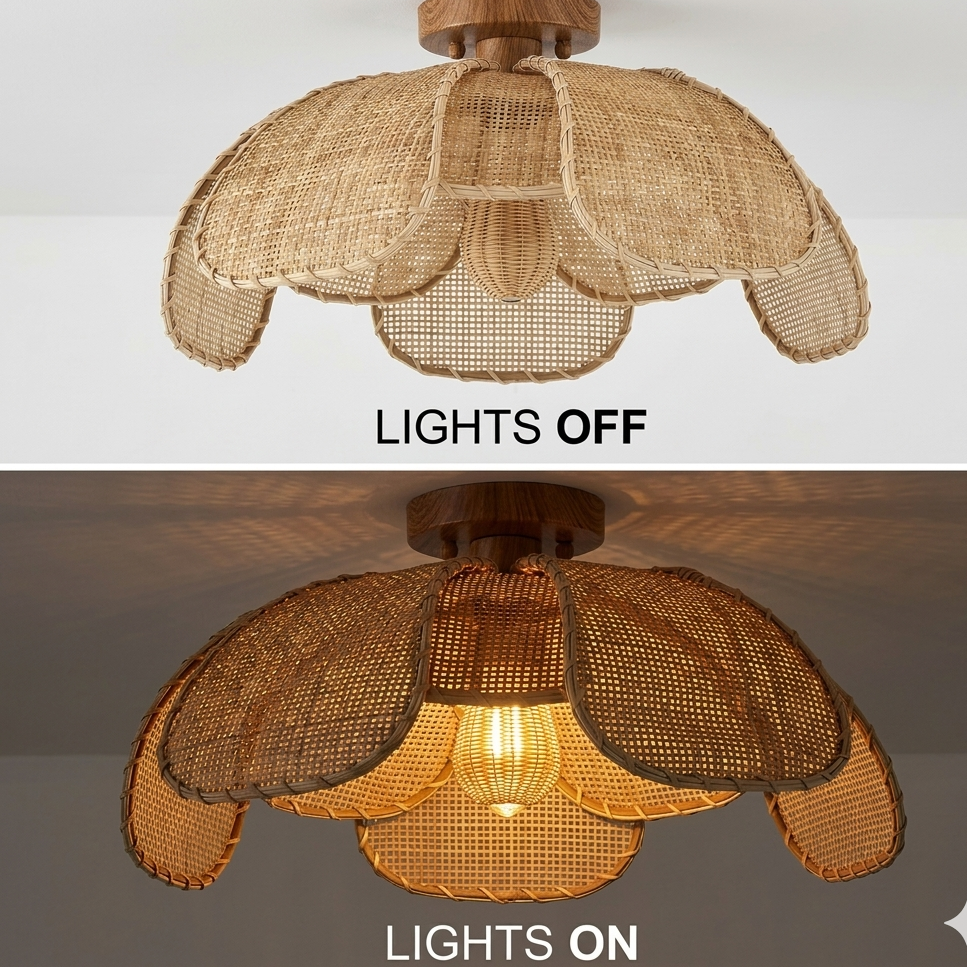Artistic rattan ceiling light designed to inspire creativity in an art studio environment.