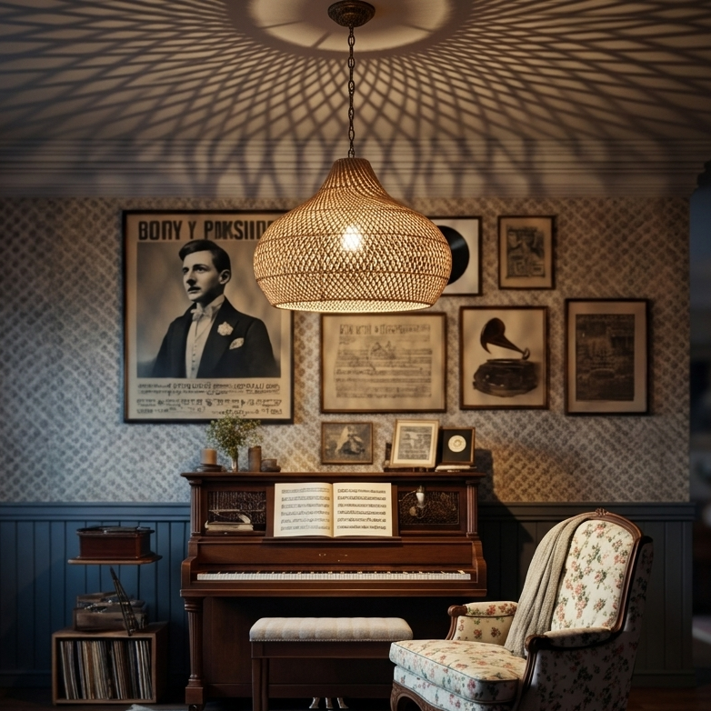 Artistic rattan light providing an inspiring and natural lighting focus for a creative studio.