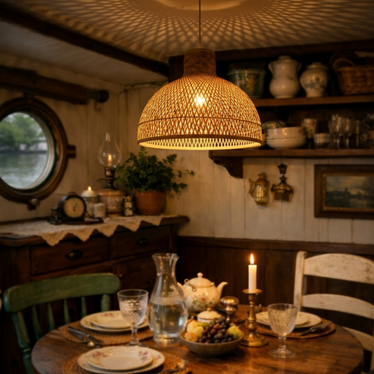 Bamboo dome pendant light perfectly positioned over a modern kitchen island for natural lighting.