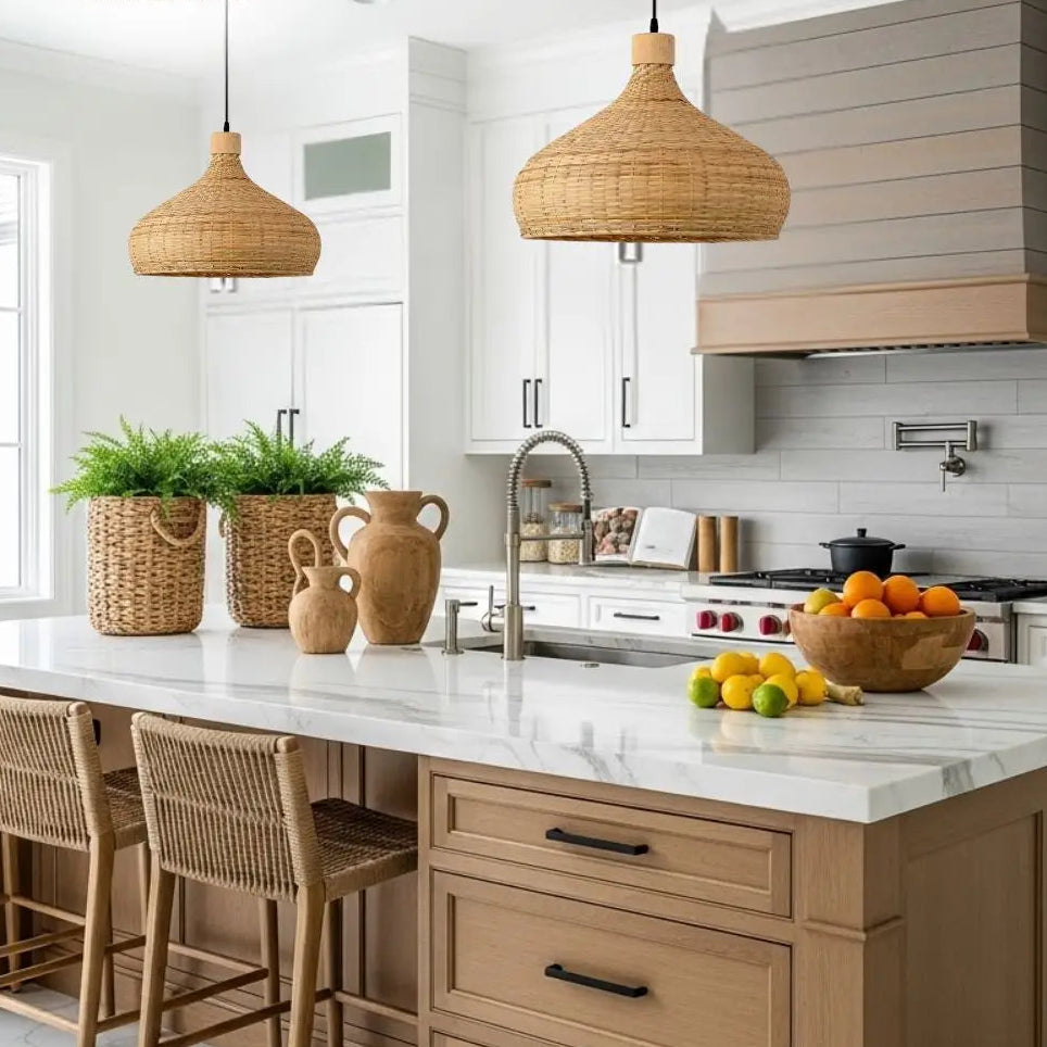 Bamboo dome pendant light casting a gentle glow over a modern kitchen island setup.