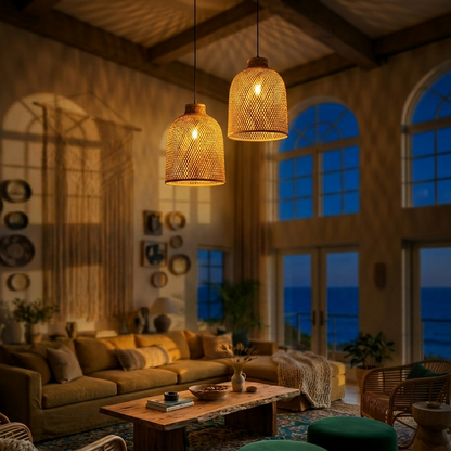 Elegant bamboo pendant light enhancing the natural aesthetic of a living room area.