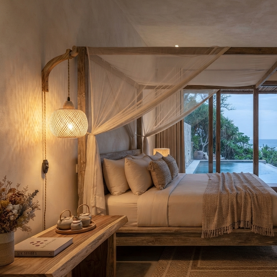 A rustic wooden four-poster bed with white and beige bedding, draped with sheer white mosquito netting, set in a cozy bedroom with a warm glowing bedside lamp, a small wooden bench, and large windows overlooking a pool and ocean.