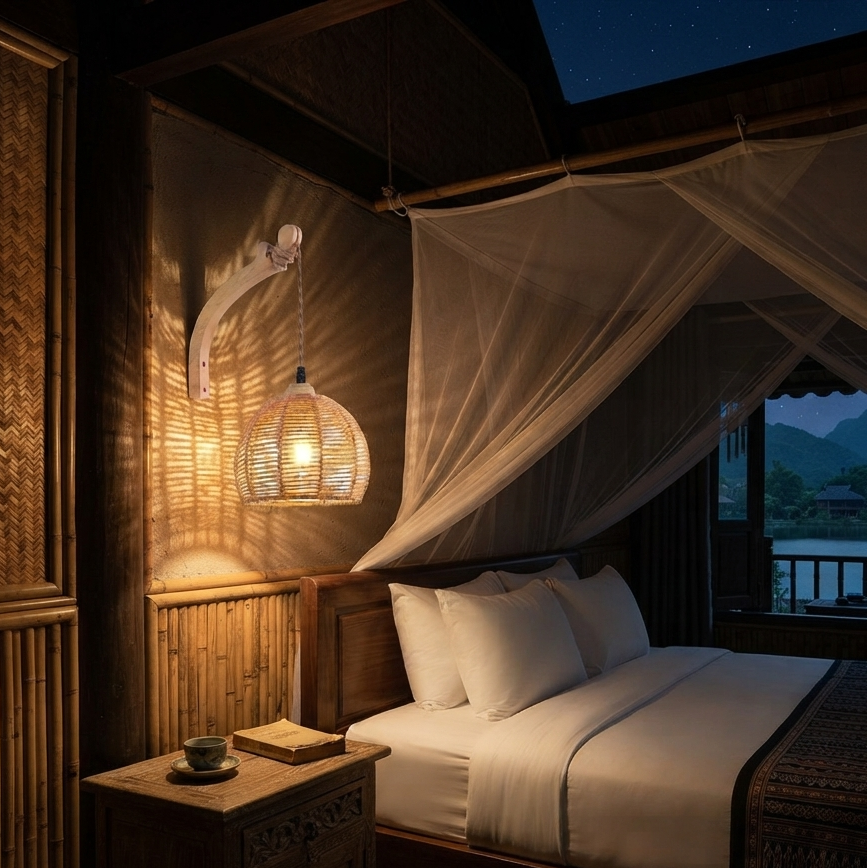 A rustic bedroom scene with a neatly made bed, white bedding, a bamboo headboard and side table, a hanging woven lamp, and a sheer canopy draped over the bed. A window reveals a dark mountain landscape at night under a starry sky.