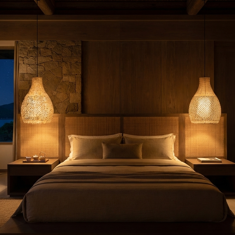 the headboard is a mix of natural wood and woven material. To the left, a stone wall adds texture, and a window shows a view of the night sky over water. The overall atmosphere is tranquil, minimalist, and sophisticated, characterized by earth tones and natural textures.