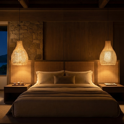 the headboard is a mix of natural wood and woven material. To the left, a stone wall adds texture, and a window shows a view of the night sky over water. The overall atmosphere is tranquil, minimalist, and sophisticated, characterized by earth tones and natural textures.